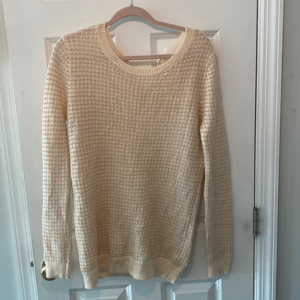 Hinge sweater.  XS.  Cream.  Deep V back with tie at neck.